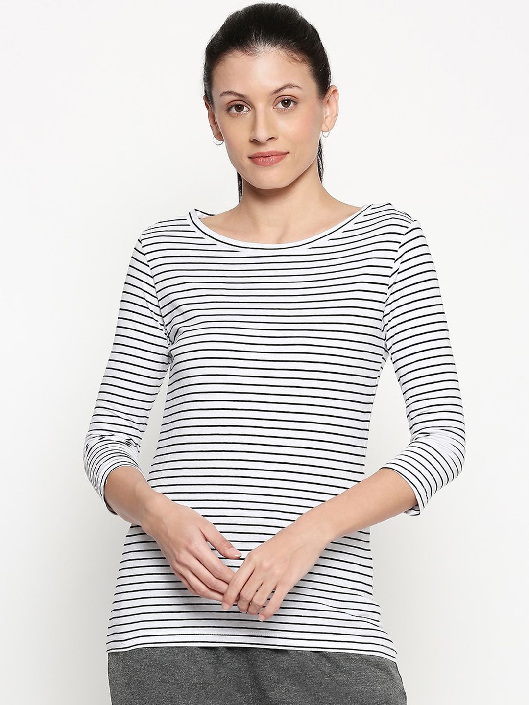 Dreamz by Pantaloons Women White Striped Pure Cotton Lounge tshirt Price in India