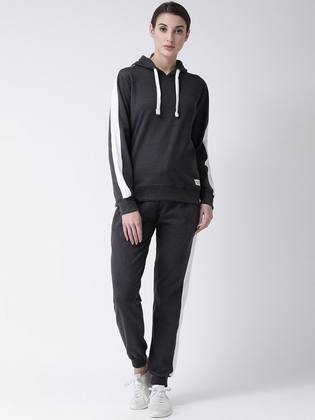 GRIFFEL Women Charcoal Grey & White Solid Tracksuit Price in India