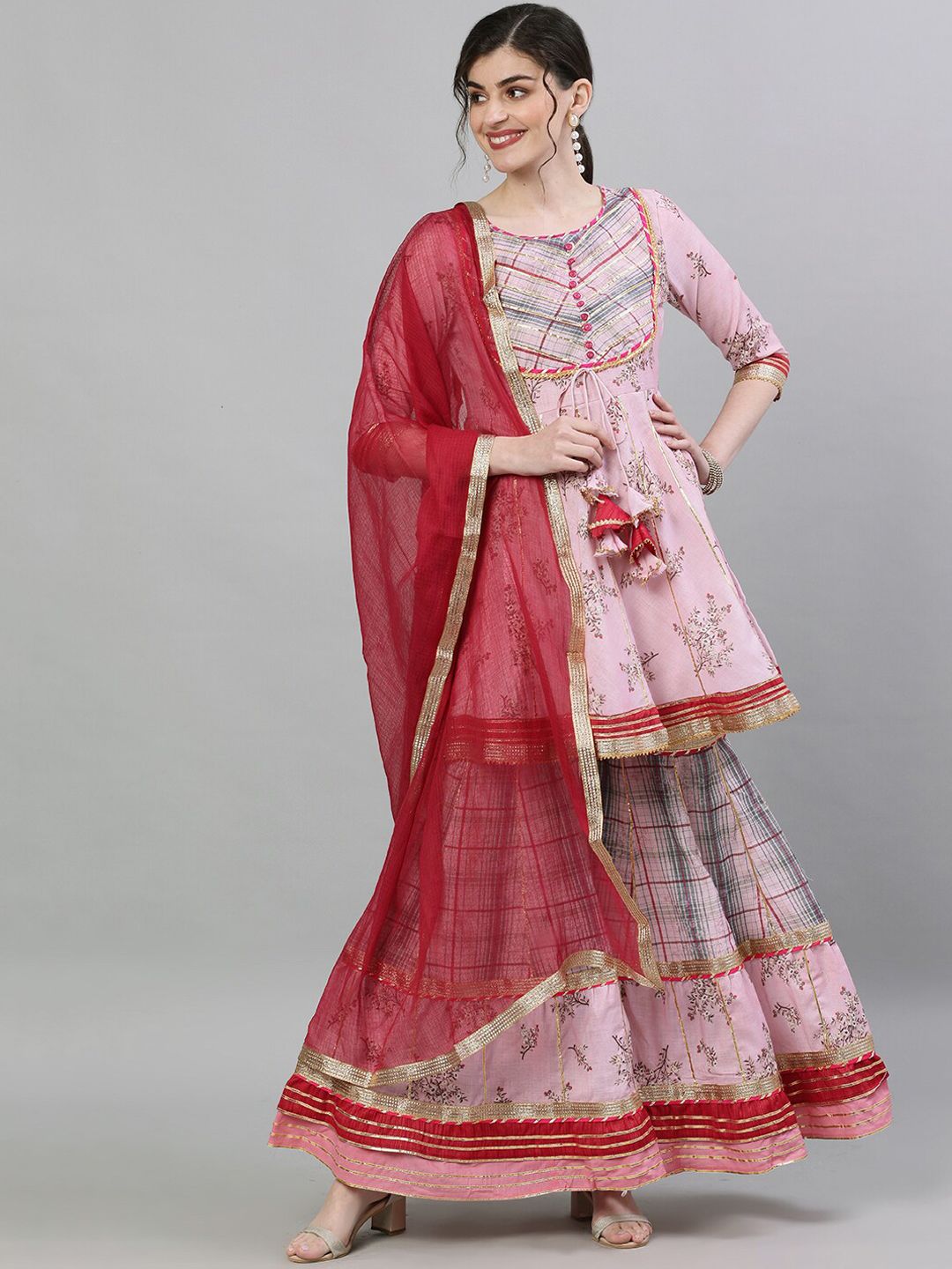 Ishin Women Pink & Red Printed Kurta with Sharara & Dupatta Price in India