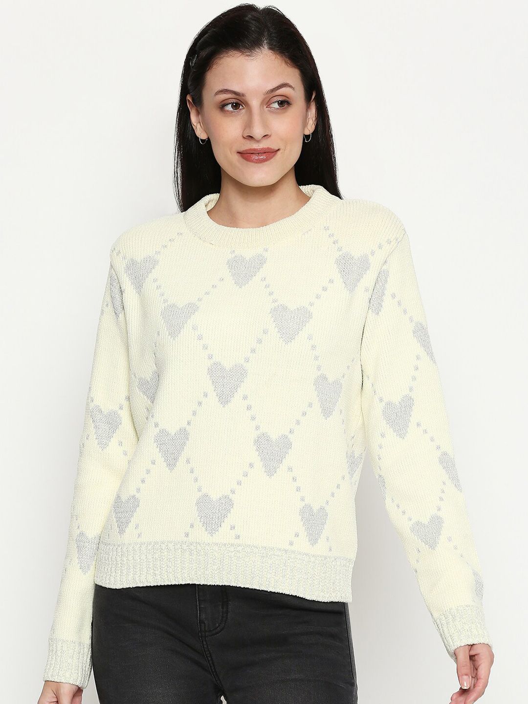 People Women White & Grey Self-Design Pure Woolen Pullover Sweater Price in India