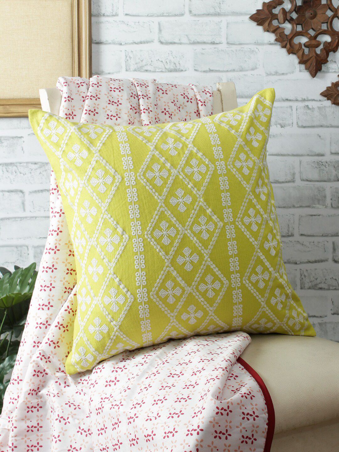 REME Yellow & White Embroidered Organic Cotton Square Cushion Cover Price in India