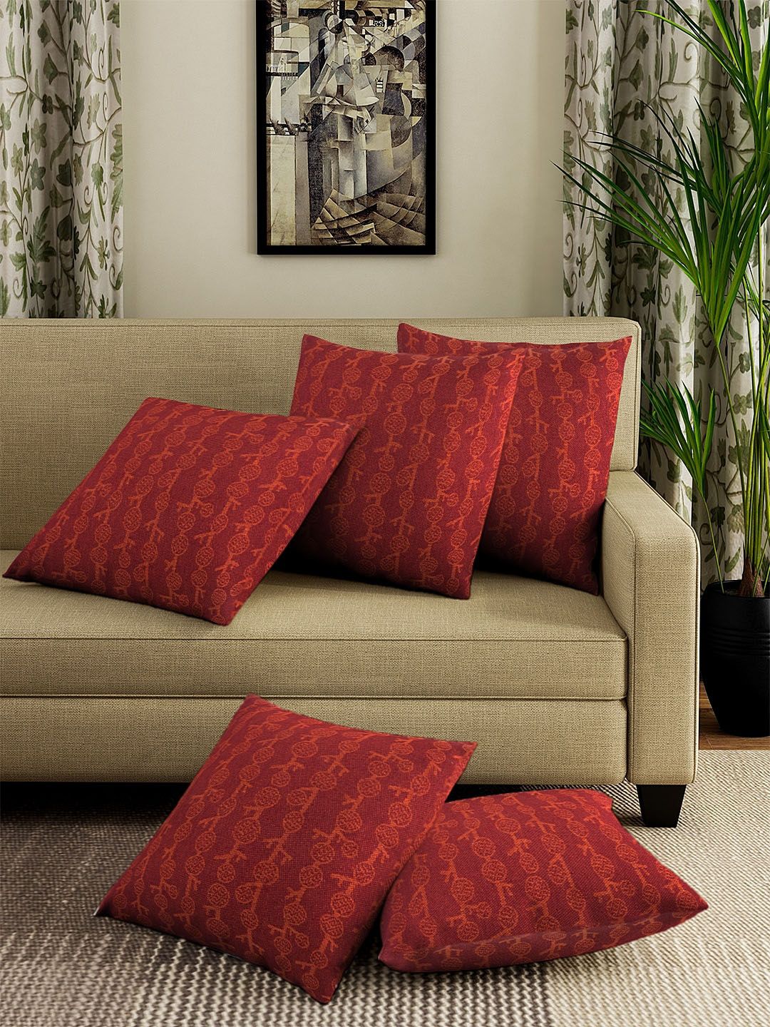 KLOTTHE Set Of 5 Red & Orange Woven Design Square Cushion Covers Price in India
