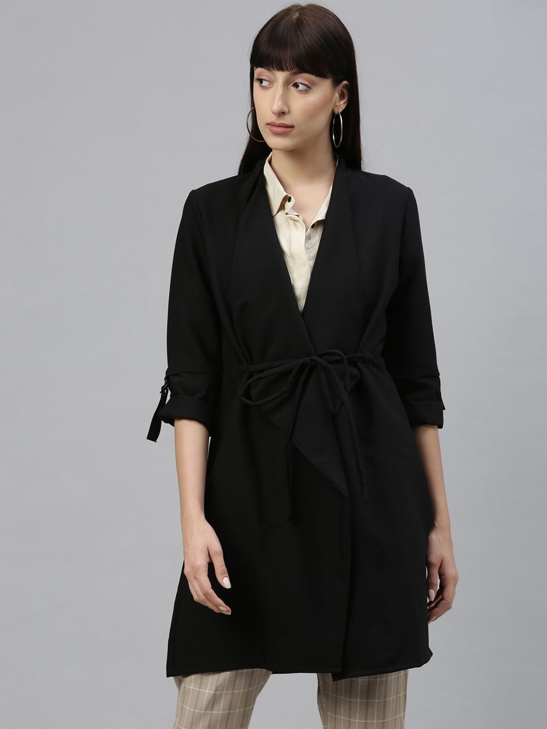 RAREISM Women Black Solid Tie-Up Shrug Price in India