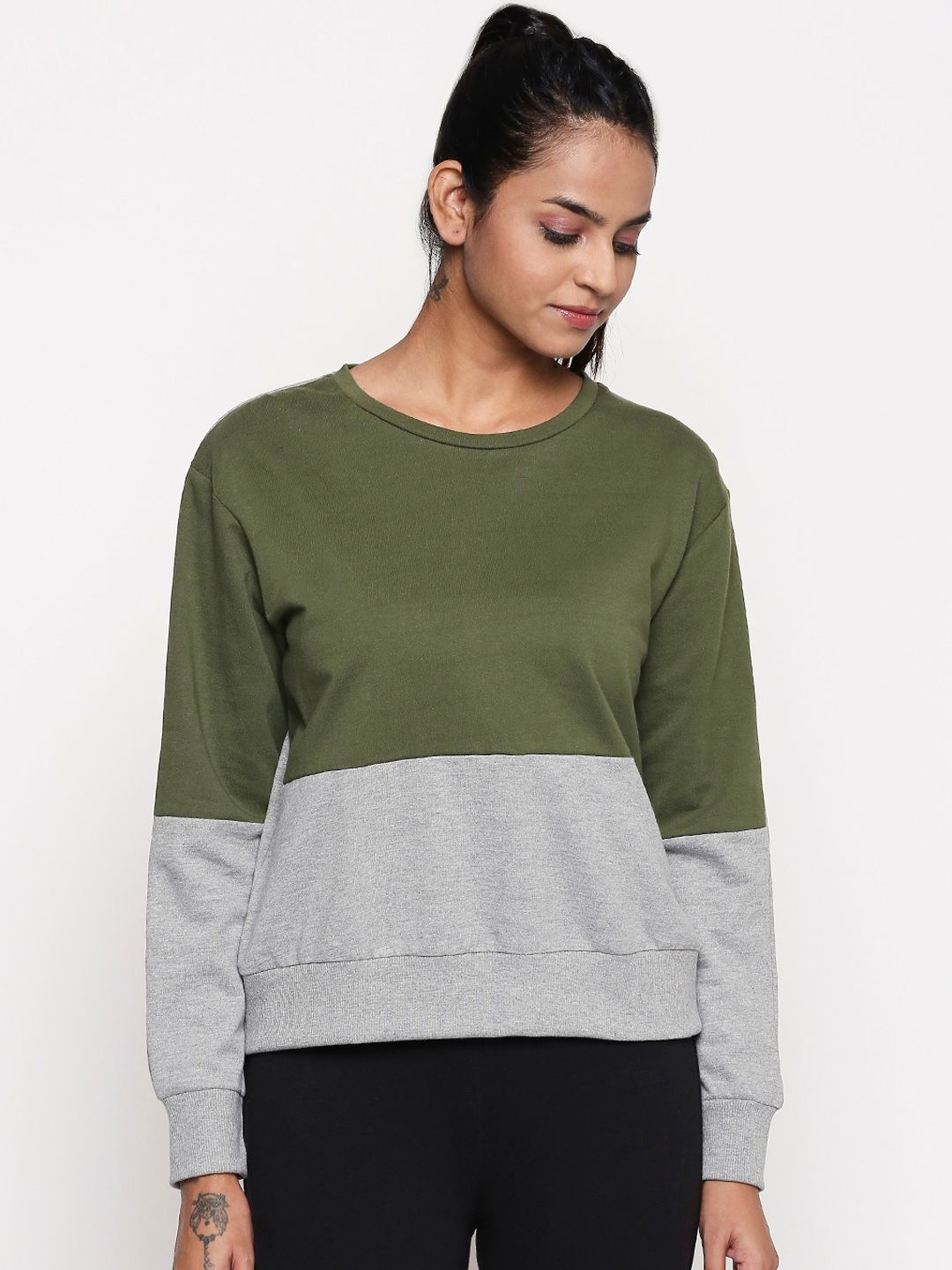 Ajile by Pantaloons Women Olive Green Colourblocked Sweatshirt Price in India
