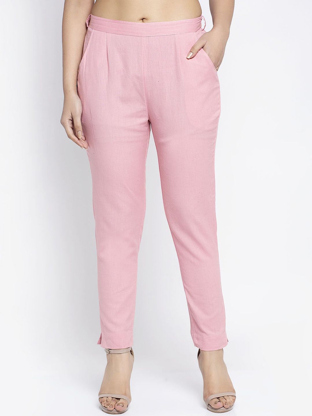 Aujjessa Women Pink Regular Fit Solid Cotton Peg Trousers