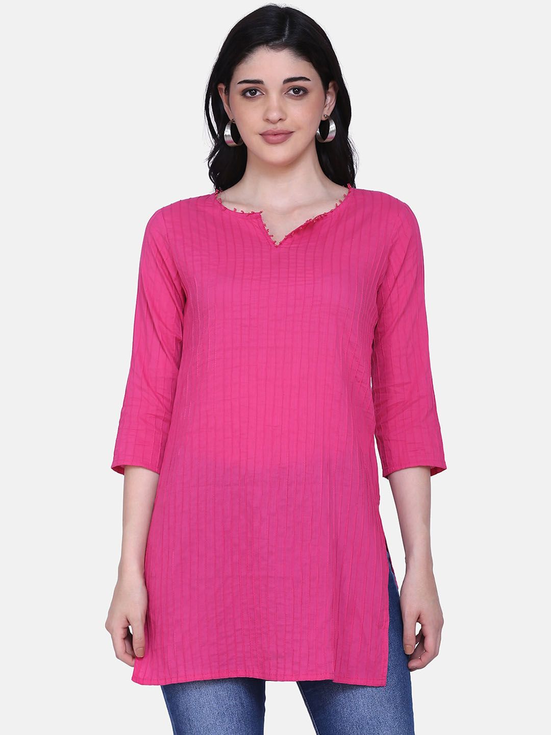 Saanjh Women Pink Solid Straight Pure Cotton Kurti
