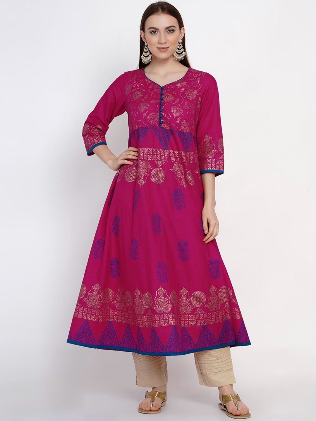 Akshatani Women Magenta Handblock Printed Anarkali Kurta