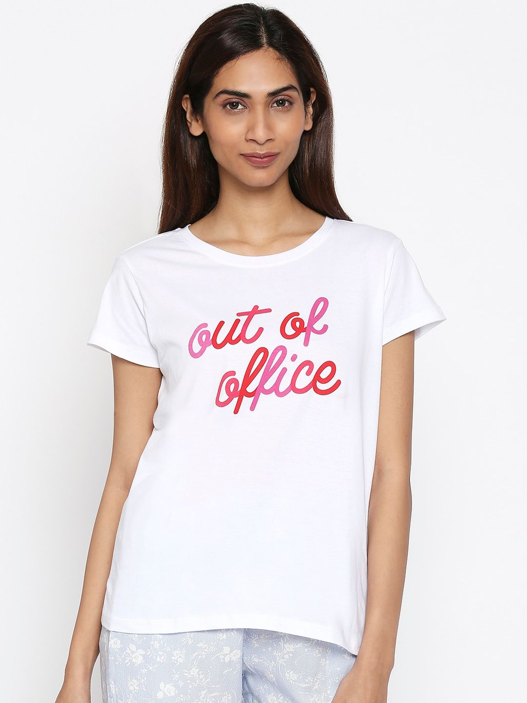 Dreamz by Pantaloons Women White Printed Pure Cotton Lounge tshirt Price in India