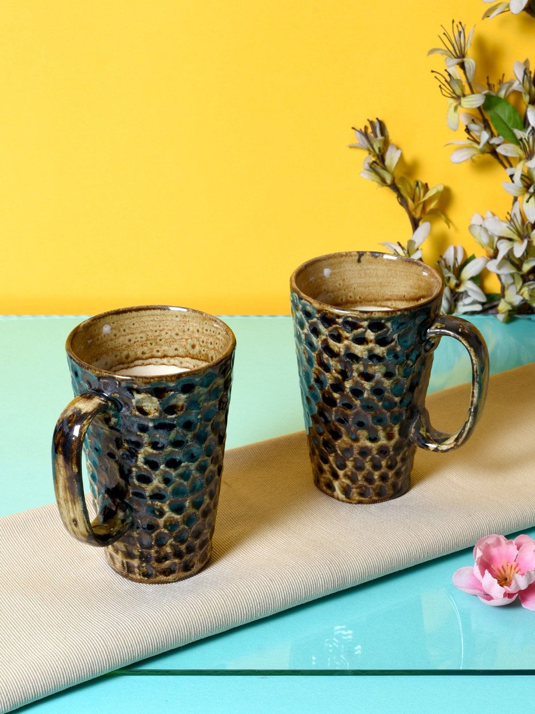 Unravel India Set Of 2 Black & Green Ceramic Handcrafted & Hand Painted Coffee Mugs Price in India