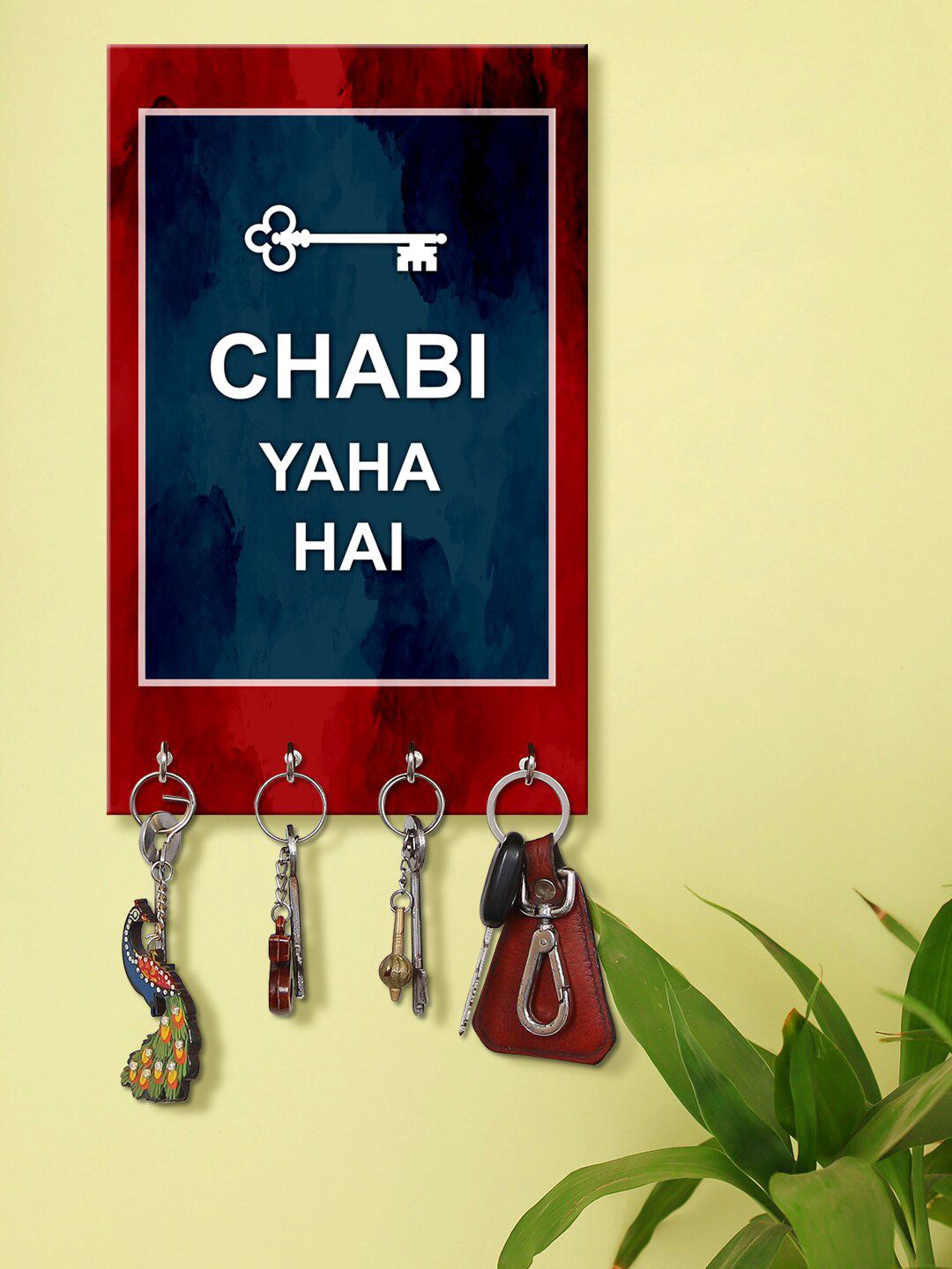 999Store Red & Blue Chabi Yaha Hai Printed Key Holder With 4 Hooks Price in India