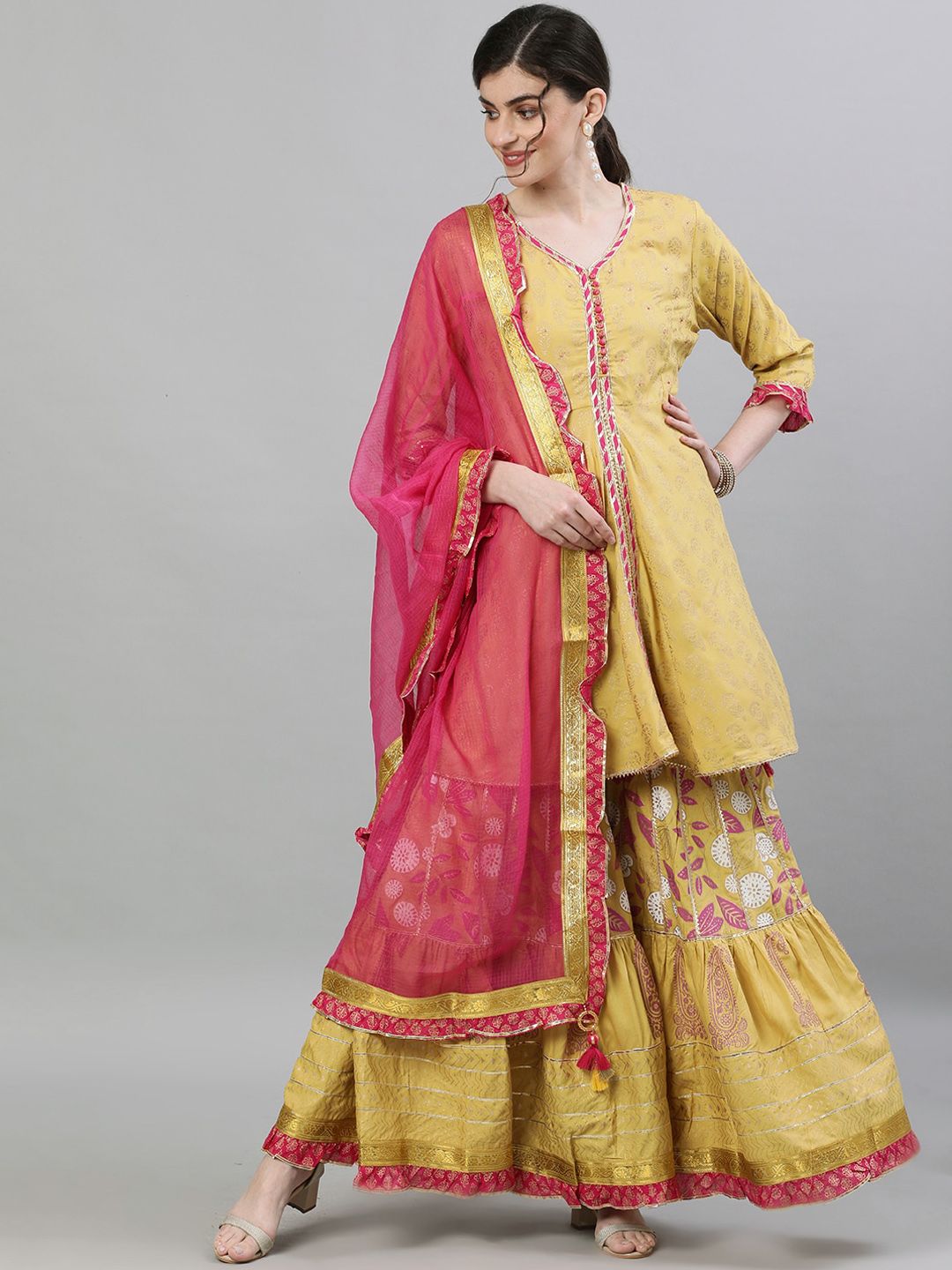 Ishin Women Mustard & Pink Printed Kurti with Sharara & Dupatta Price in India