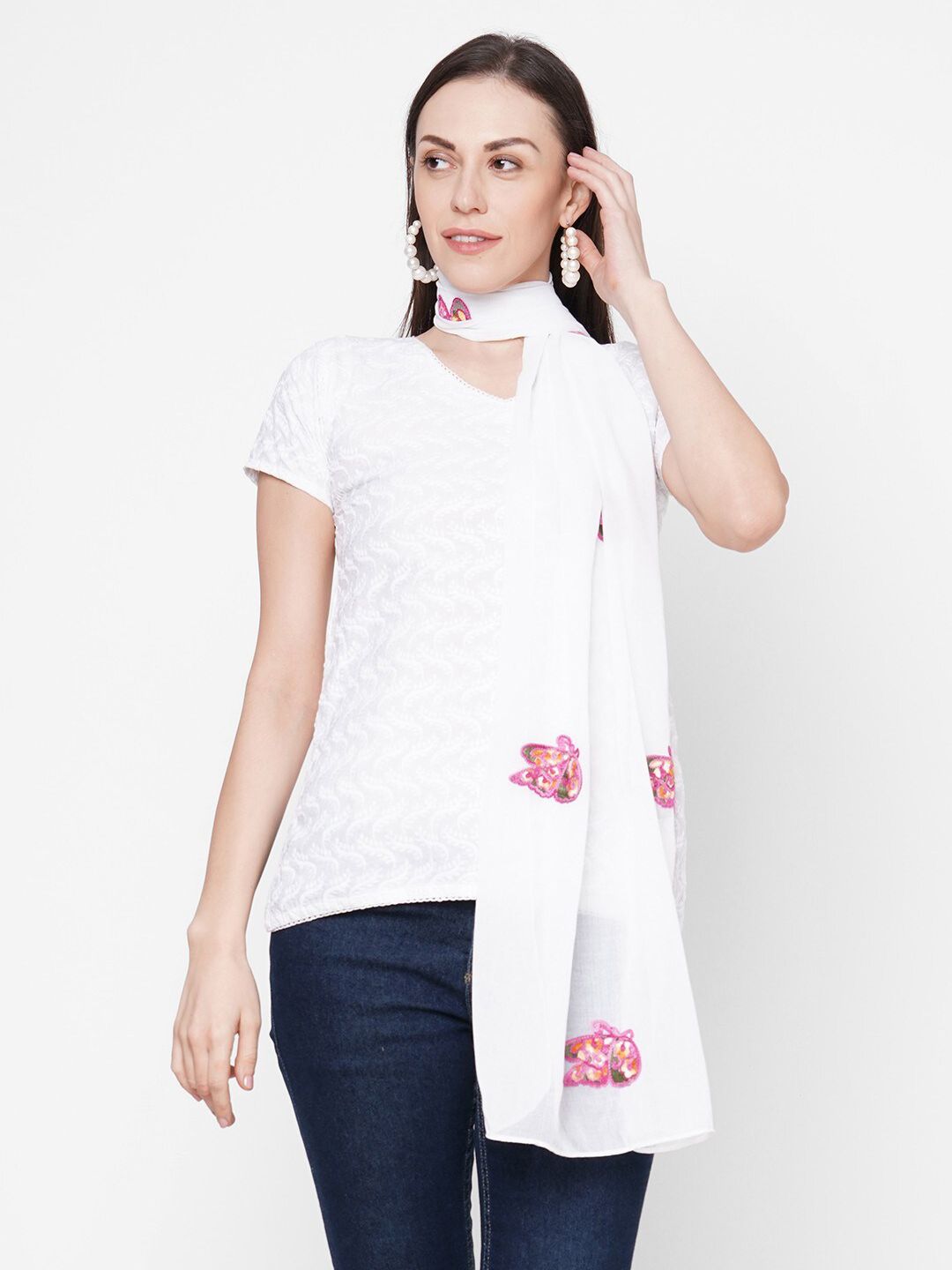 Get Wrapped Women White Embroidered Scarf Price in India