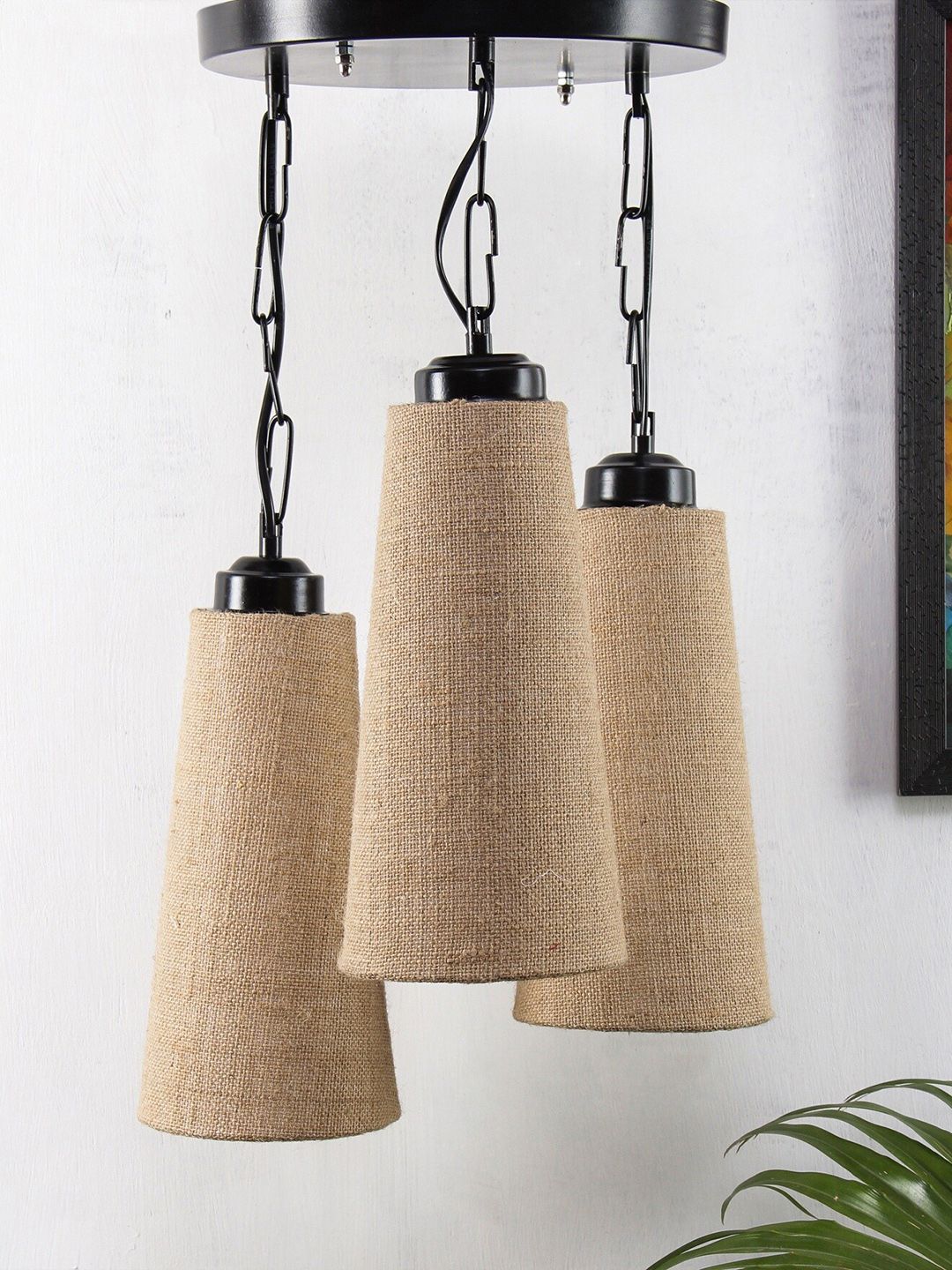 Devansh Black & Beige Solid Conical Triple Jute Cluster Light