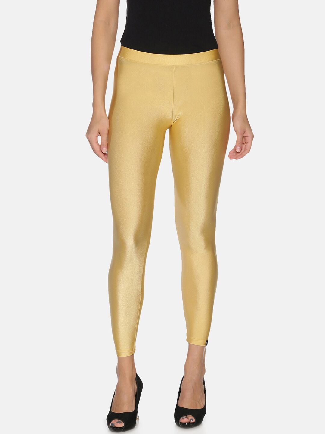 TWIN BIRDS Women Gold-Coloured Solid Ankle-Length Shimmer Leggings Price in India