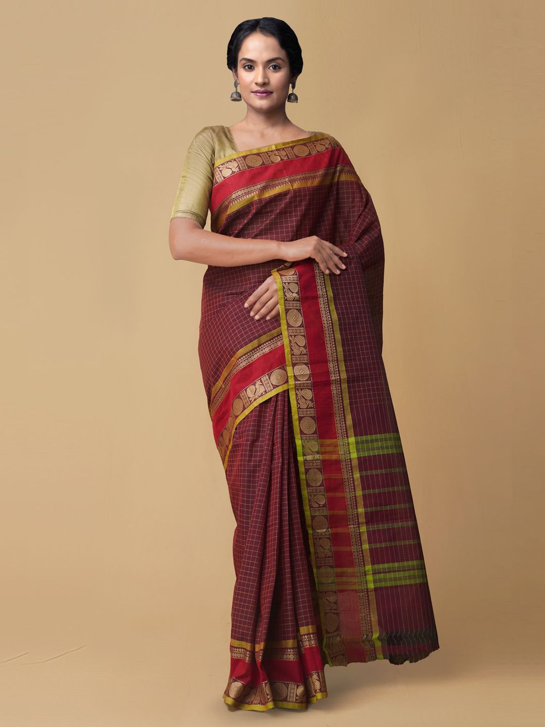 Unnati Silks Maroon Pure Cotton Woven Design Chettinad Saree