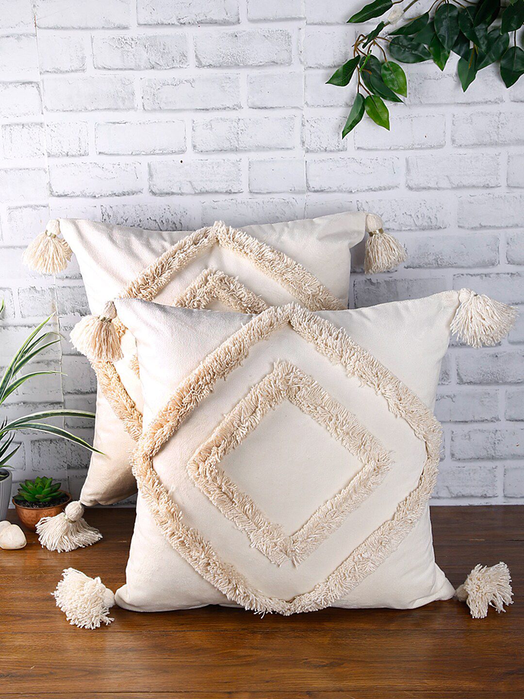 eyda Set of 2 Off-White Textured Square Velvet Sustainable Cushion Covers Price in India