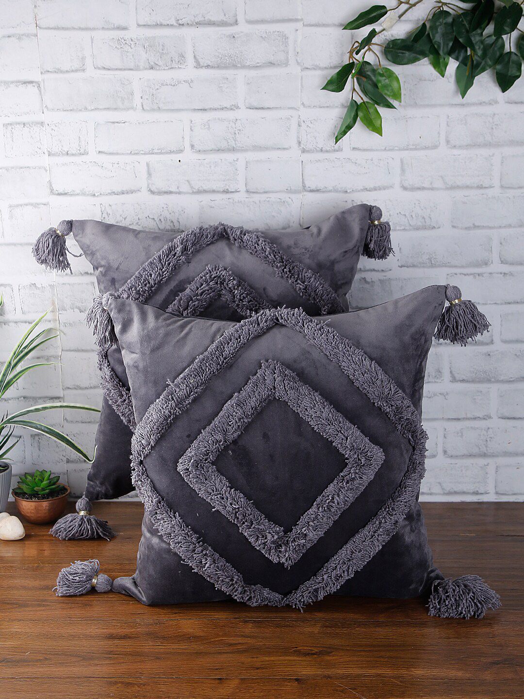 eyda Set of 2 Grey Textured Square Velvet Sustainable Cushion Covers Price in India