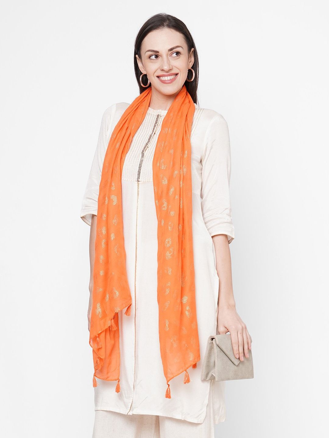 Get Wrapped Women Orange & Gold Coloured Printed Scarf with Tasselled Border Price in India