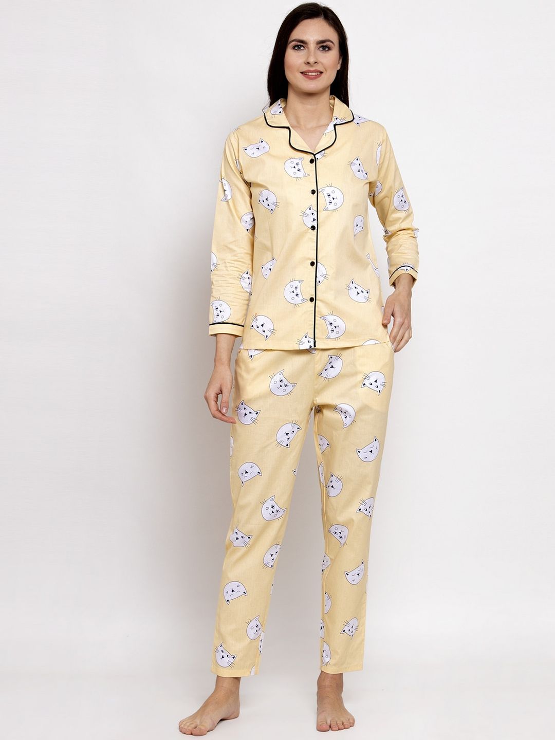 Claura Women Yellow & Black Animal Printed Sustainable Night Suit Price in India