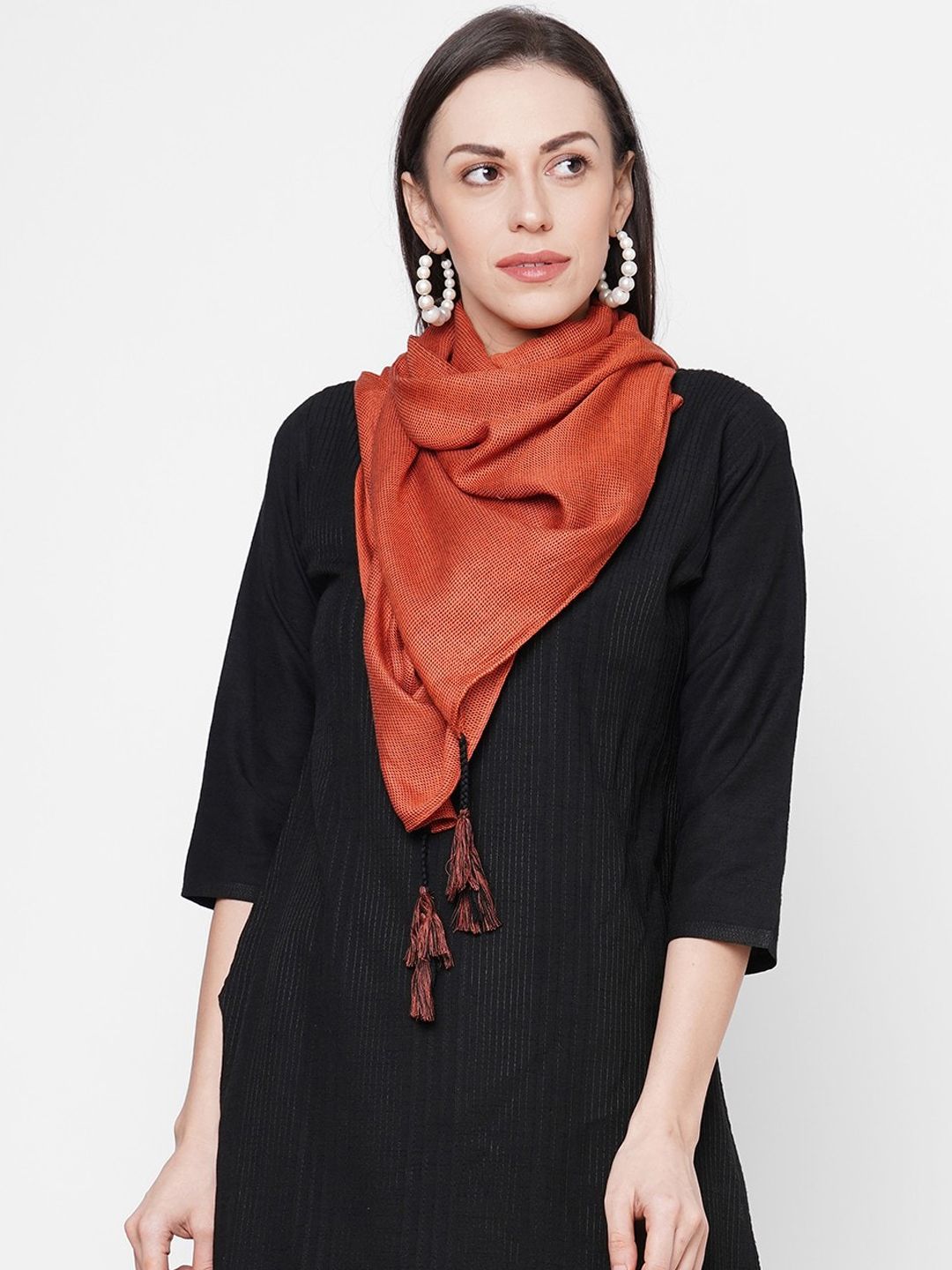 Get Wrapped Women Orange Self Design Scarves Price in India