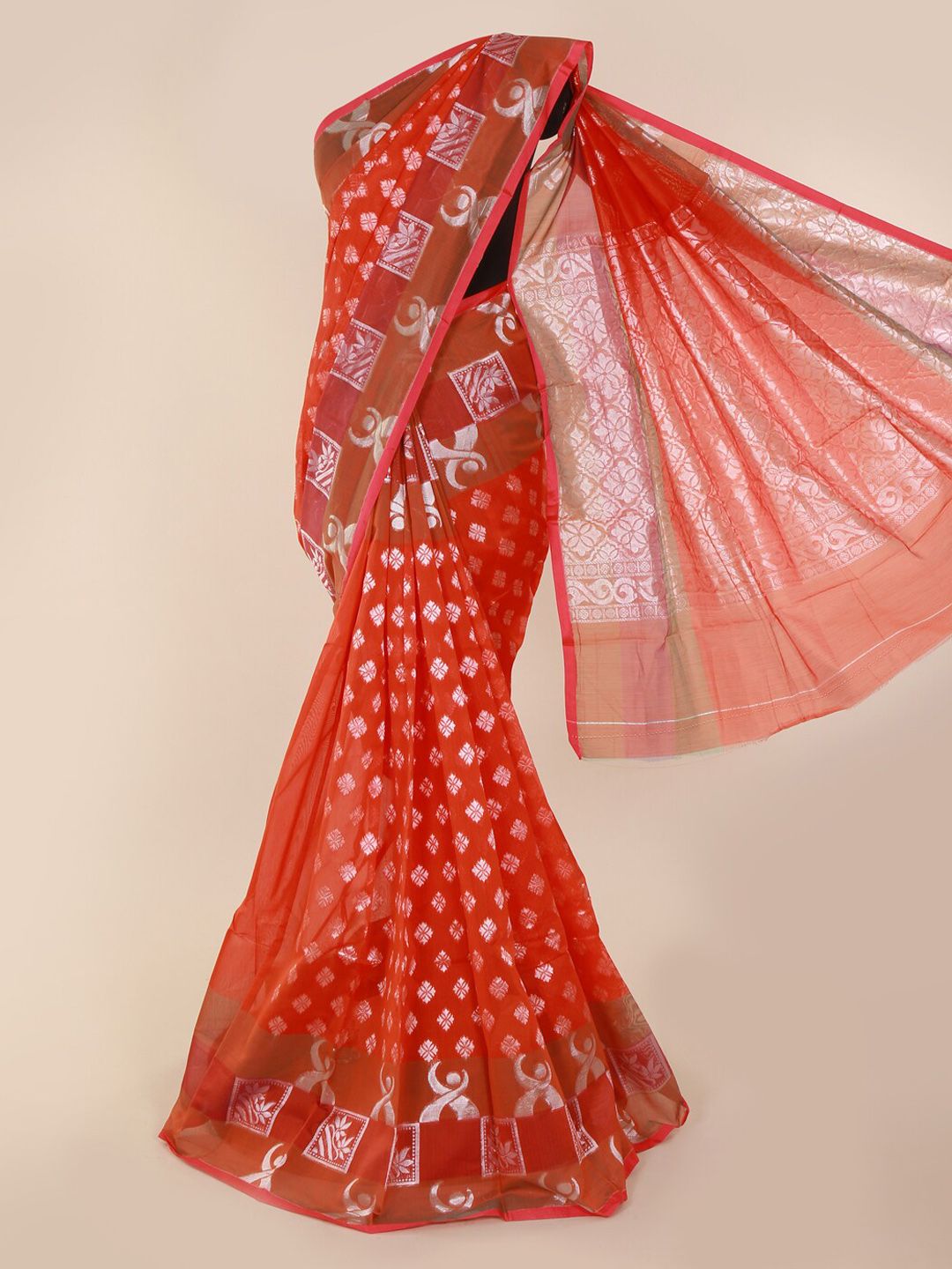 Pothys Orange & Silver-Toned Silk Cotton Woven Design Saree