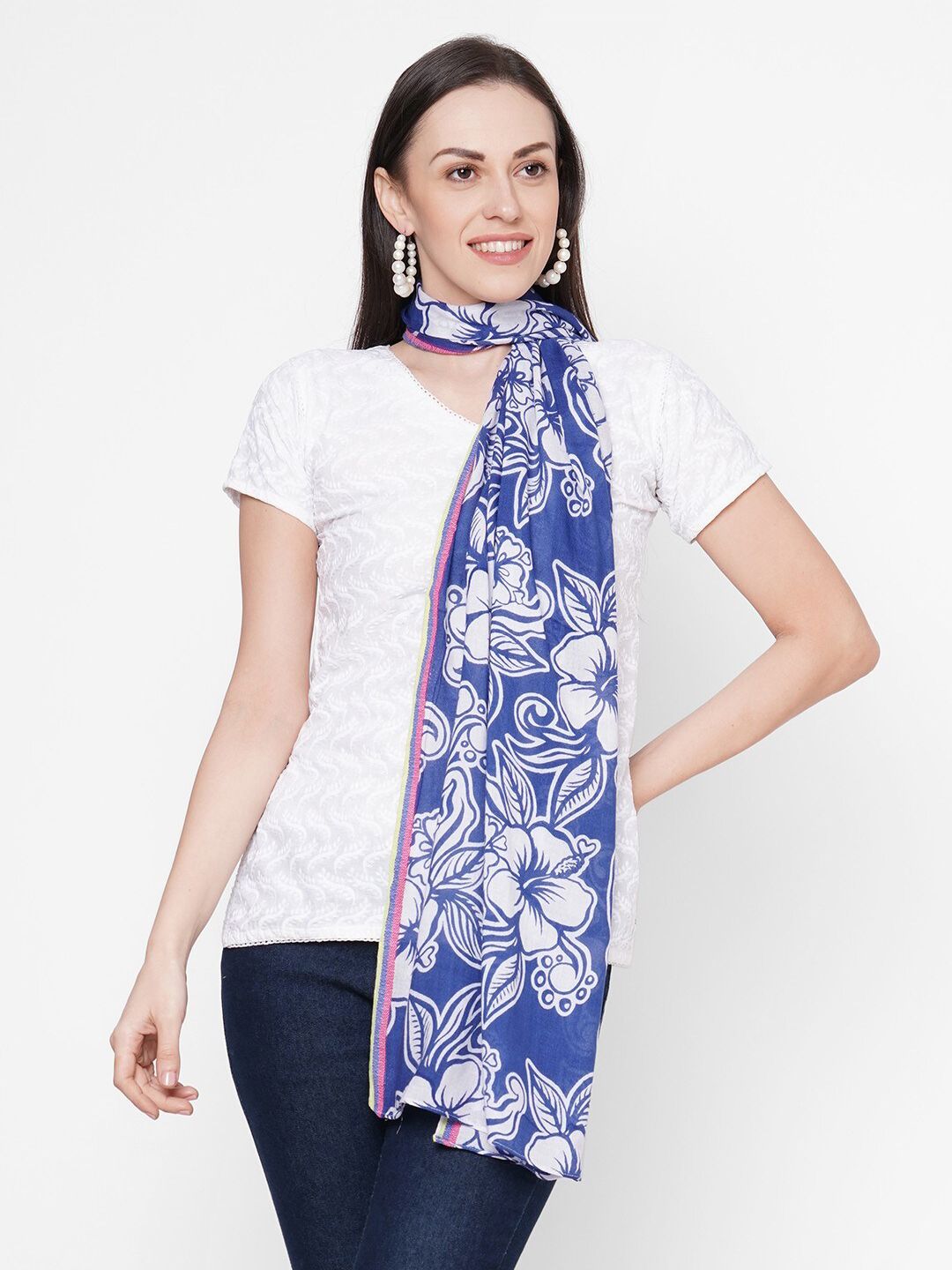 Get Wrapped Women Blue & White Printed Scarf Price in India