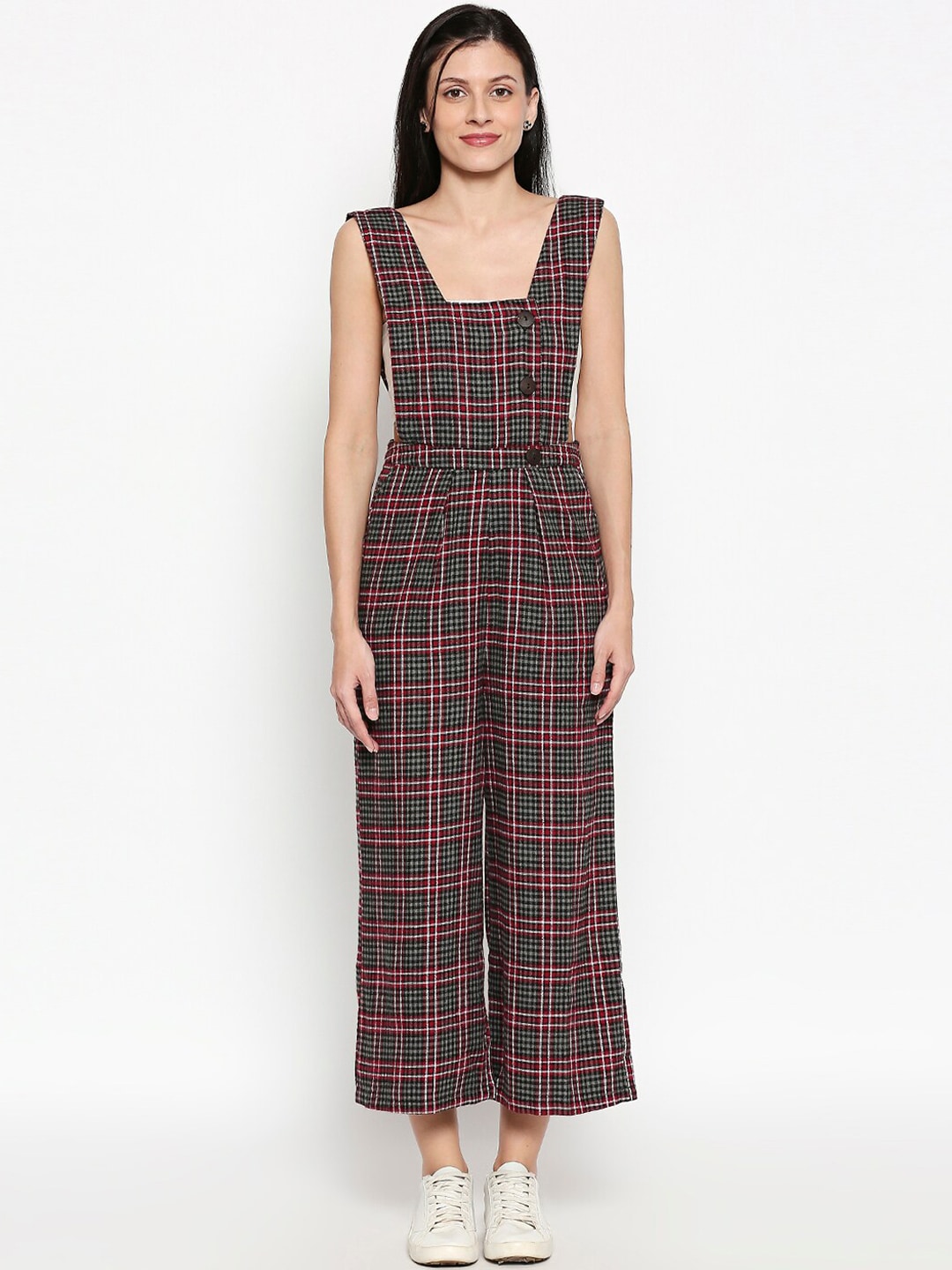 People Women Black & Red Checked Basic Jumpsuit Price in India