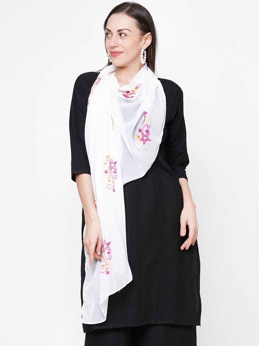 Get Wrapped Women White & Pink Embroidered Scarf Price in India