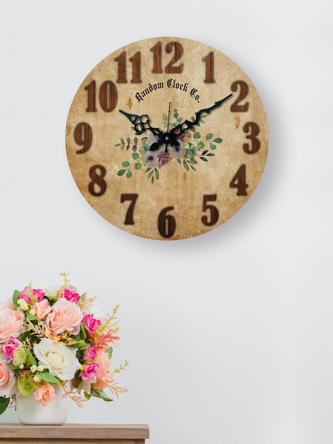 RANDOM Beige & Green Rustic Flower Art Wooden Analogue Wall Clock Price in India