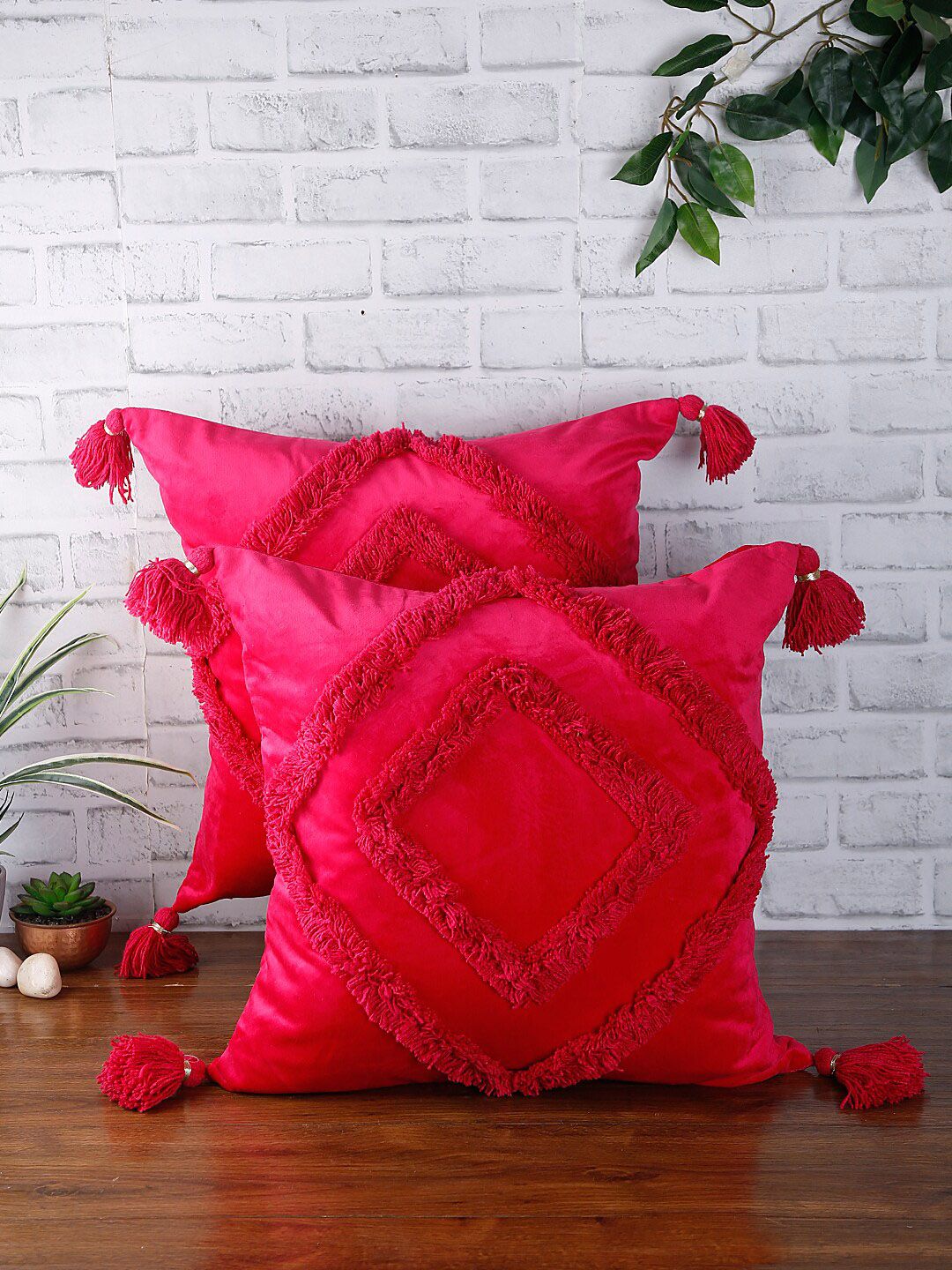 eyda Set of 2 Fuchsia Pink Textured Square Velvet Sustainable Cushion Covers Price in India