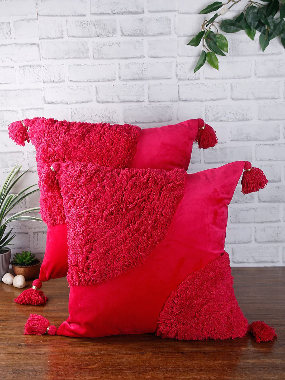 eyda Set of 2 Fuchsia Pink Textured Square Velvet Sustainable Cushion Covers Price in India