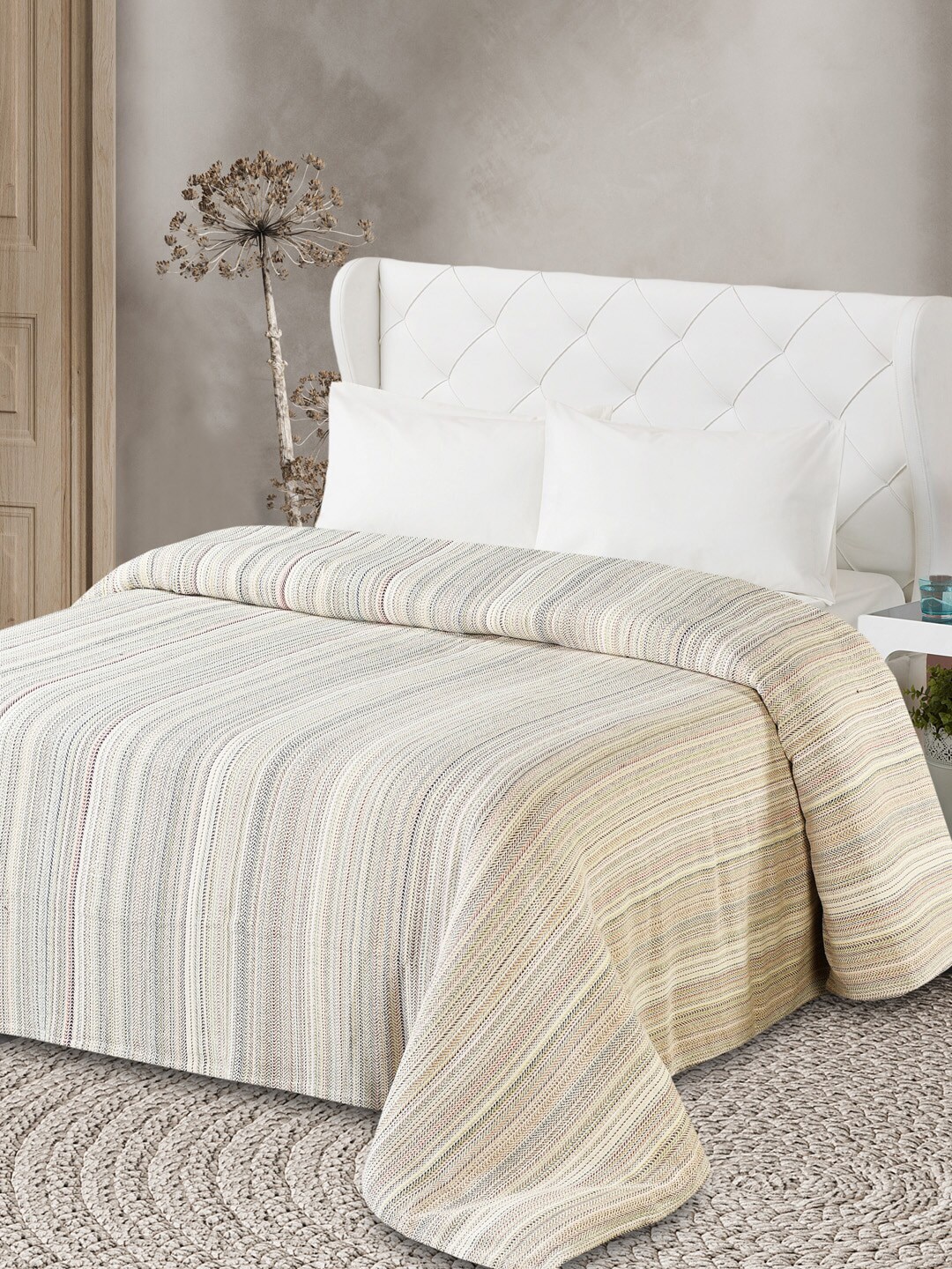 AVI Living Beige & Red Striped Twin Size GSM 300 AC Room Blanket Price in India