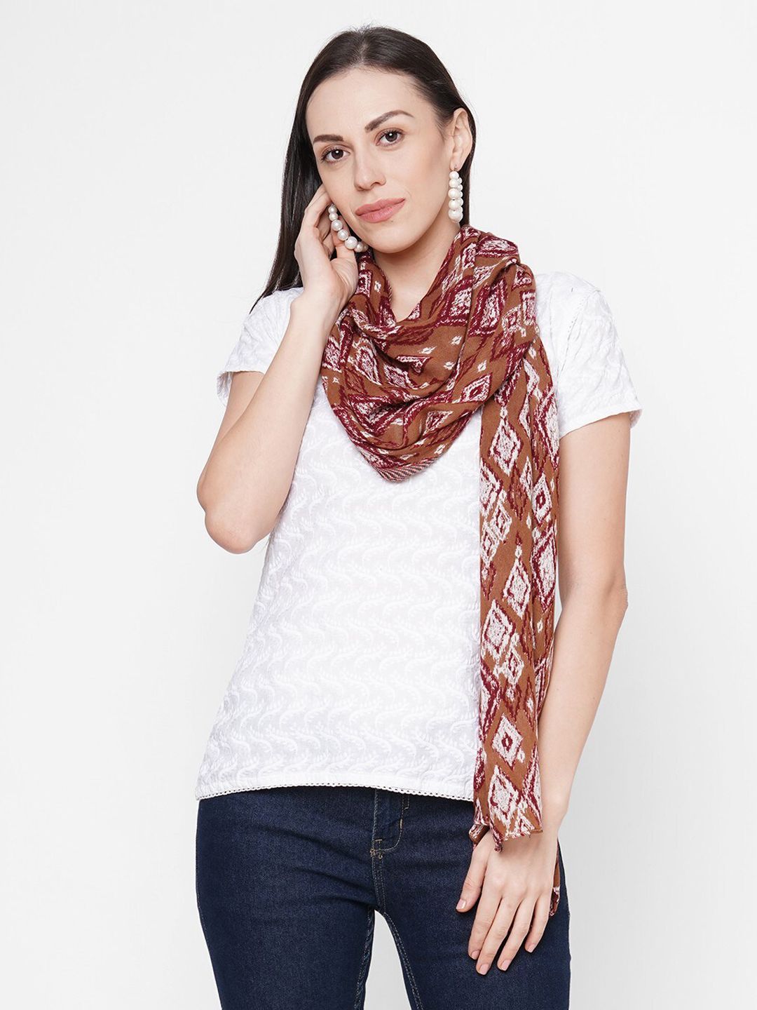 Get Wrapped Women Brown & White Printed Scarf Price in India