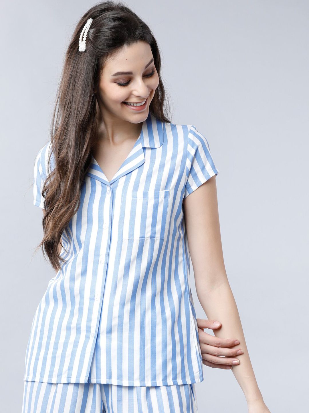 Tokyo Talkies Women Blue & White Regular Fit Striped Sleep Shirt Price in India