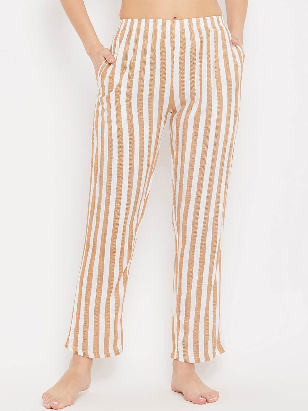 Clovia Women Beige & White Striped Lounge Pants Price in India