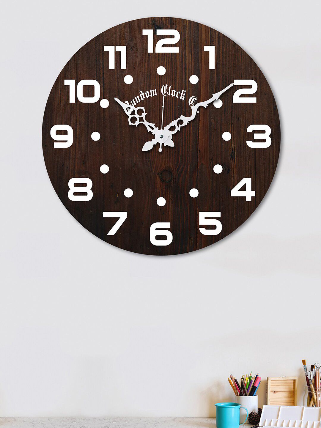 RANDOM Brown & White Printed 38.1 cm New Modern Rustic Wooden Analogue Wall Clock Price in India