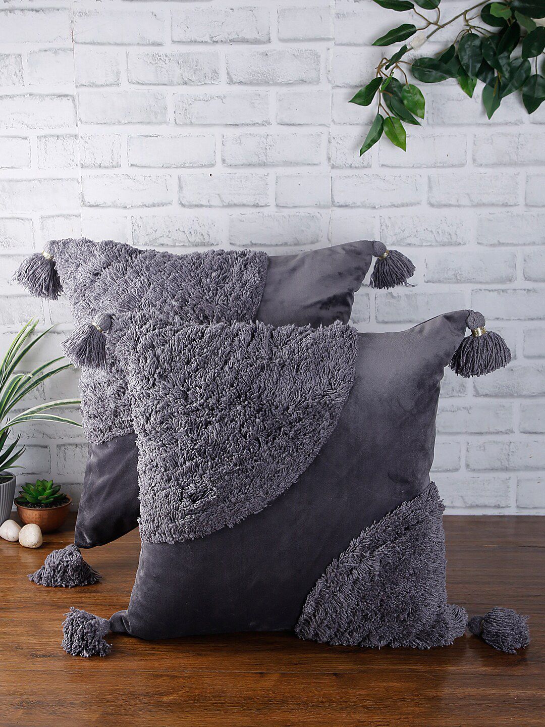 eyda Set Of 2 Grey Self Design Super Soft Velvet Sustainable Cushion Cover Price in India