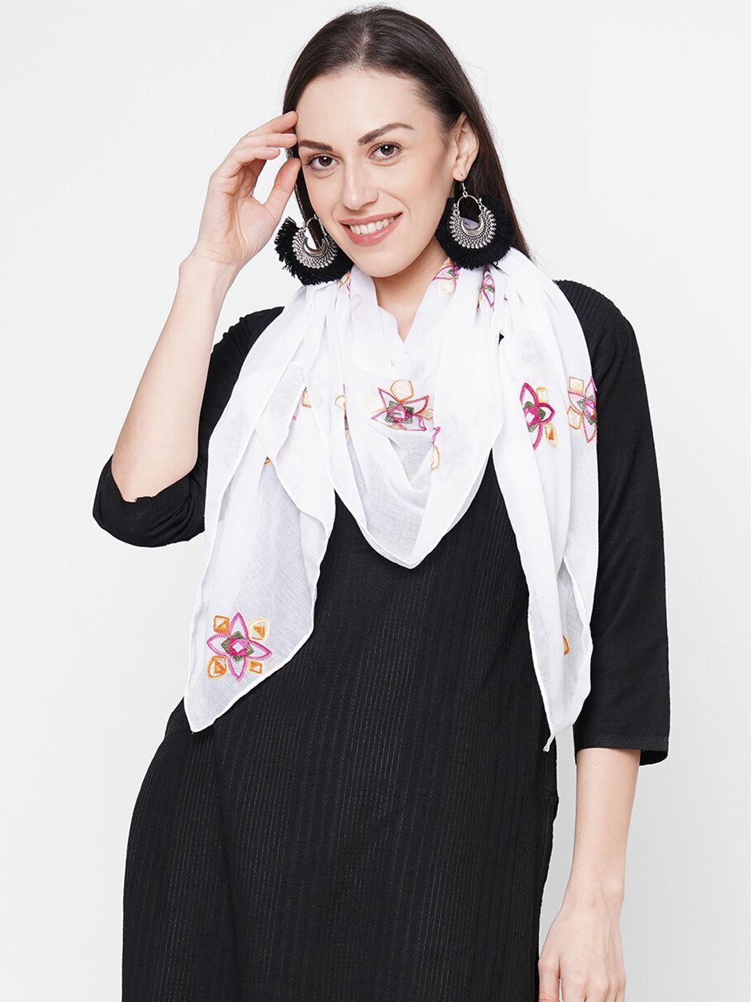 Get Wrapped Women White Embroidered Scarves Price in India