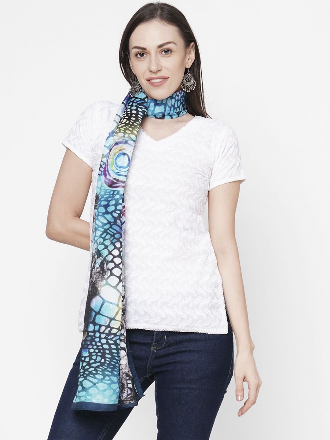 Get Wrapped Women Blue & Black Printed Scarf Price in India