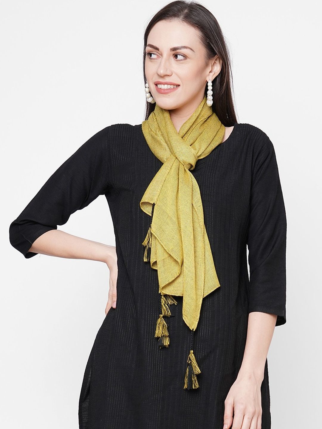 Get Wrapped Women Yellow Self Design Scarf Price in India