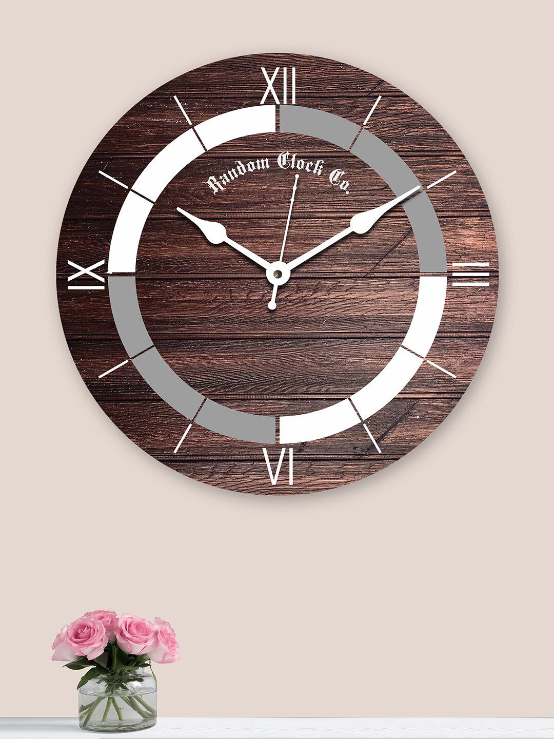 RANDOM Brown & Grey Printed 30.48 cm New Modern Rustic Wooden Analogue Wall Clock Price in India