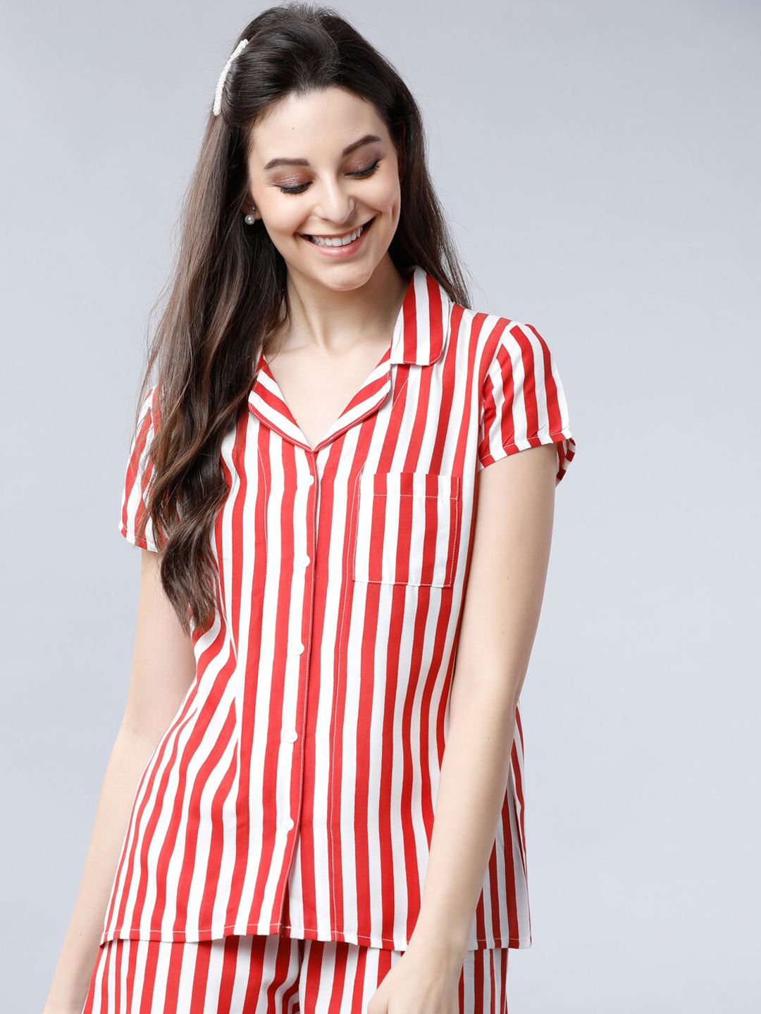 Tokyo TalkiesWomen Red & White Regular Fit Striped Sleep Shirt Price in India