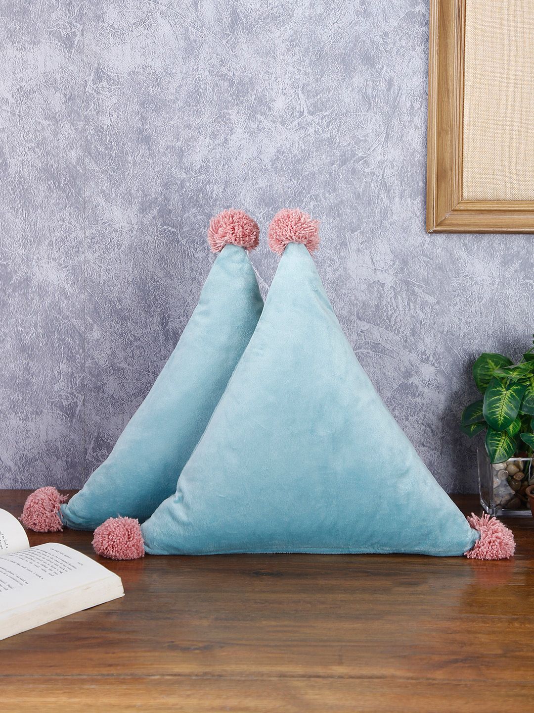 eyda Set Of 2 Blue & Pink Solid Sustainable Triangle Cushion Price in India