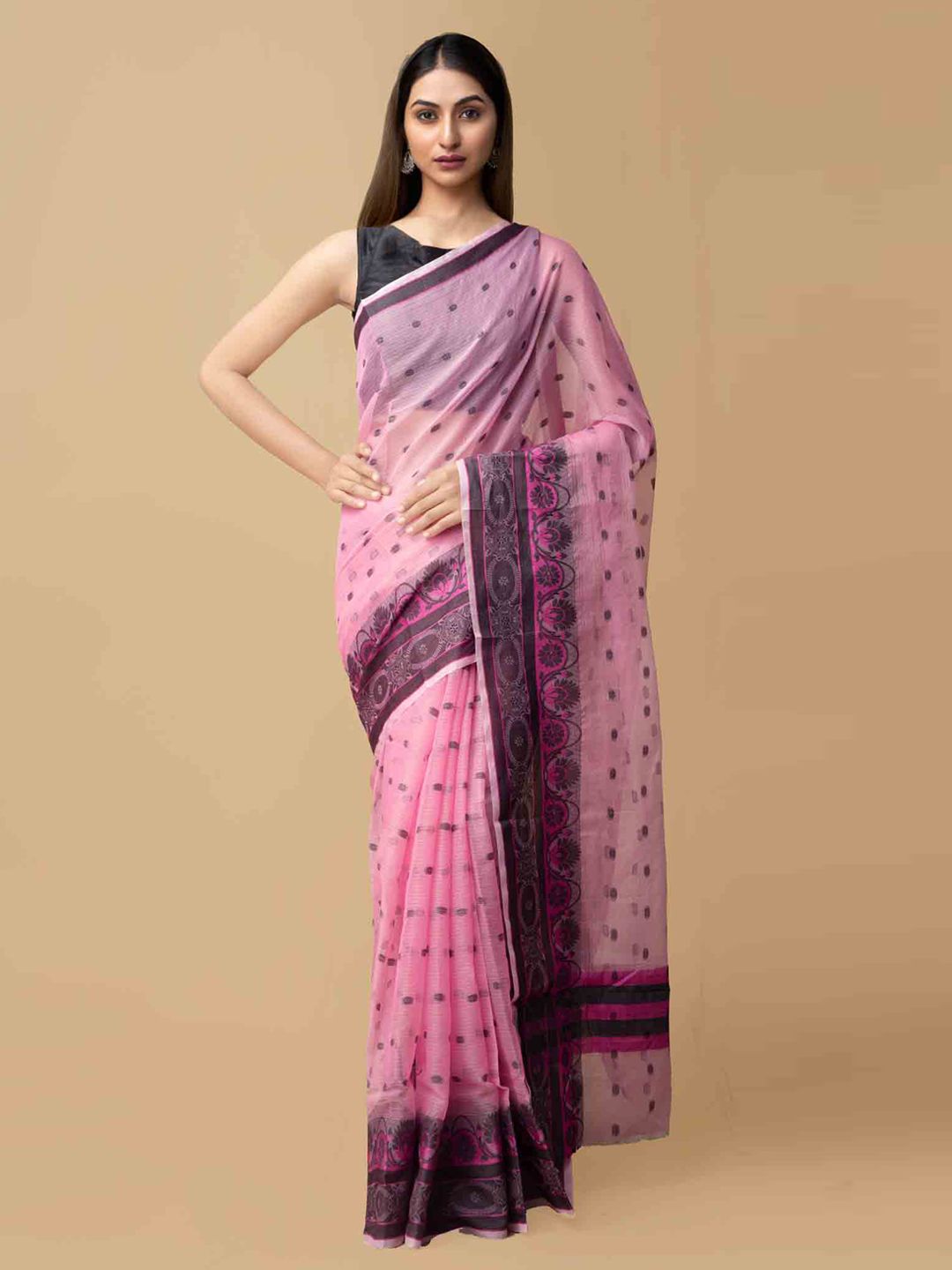 Unnati Silks Pink & Black Pure Cotton Woven Design Kota Saree