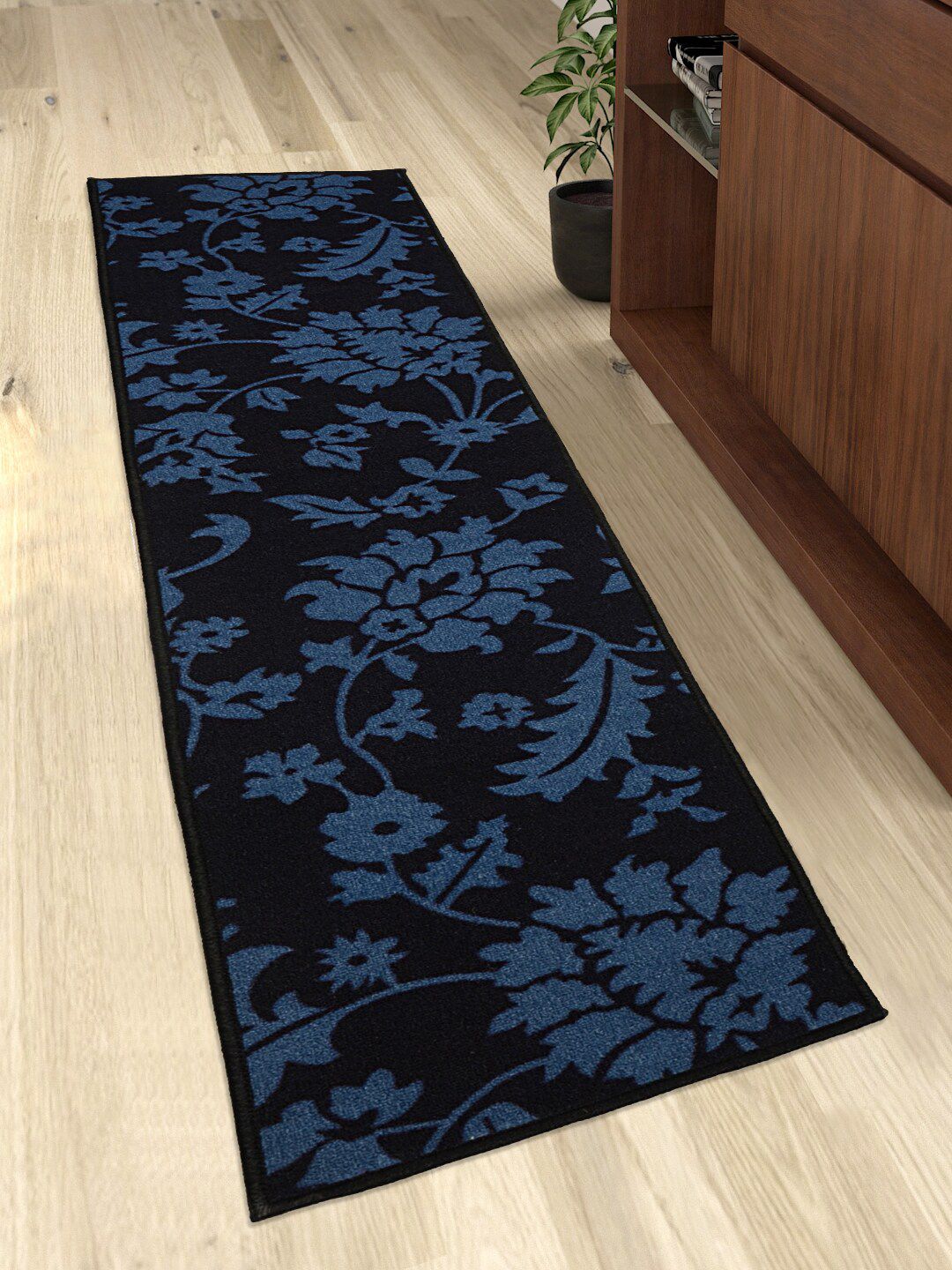 Saral Home Blue & Black Floral Printed Anti-Skid Large Kitchen Runner Price in India