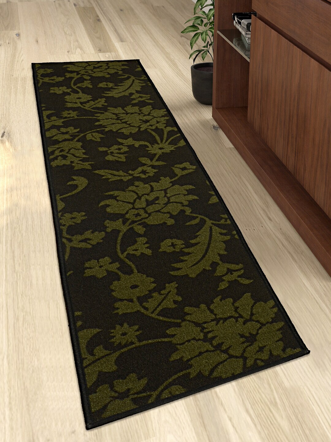 Saral Home Unisex Olive Green & Brown Floral Antiskid Floor Runner Price in India