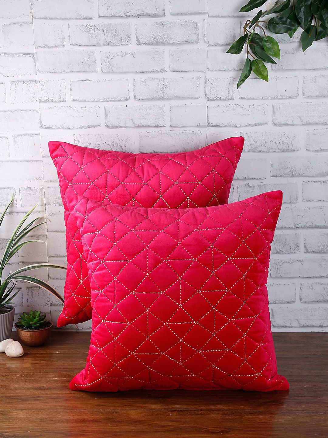 eyda Set of 2 Fuchsia Textured Square Velvet Sustainable Cushion Covers Price in India