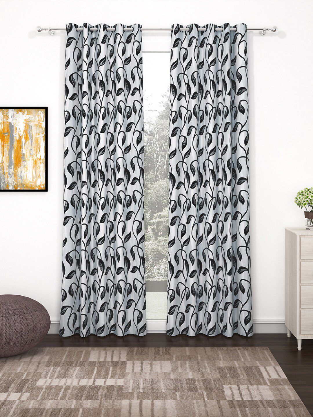 Bedspun Set Of 2 Black & White Printed Polyetser Eyelet Ringtop Door Curtains Price in India