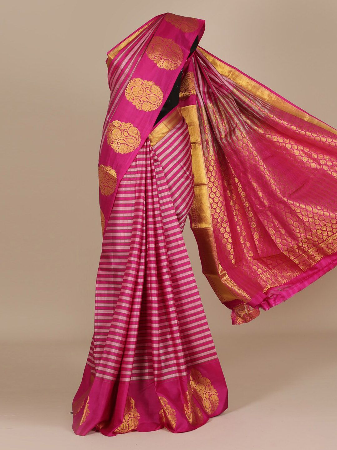 Pothys Pink & Gold-Toned Pure Silk Striped Saree