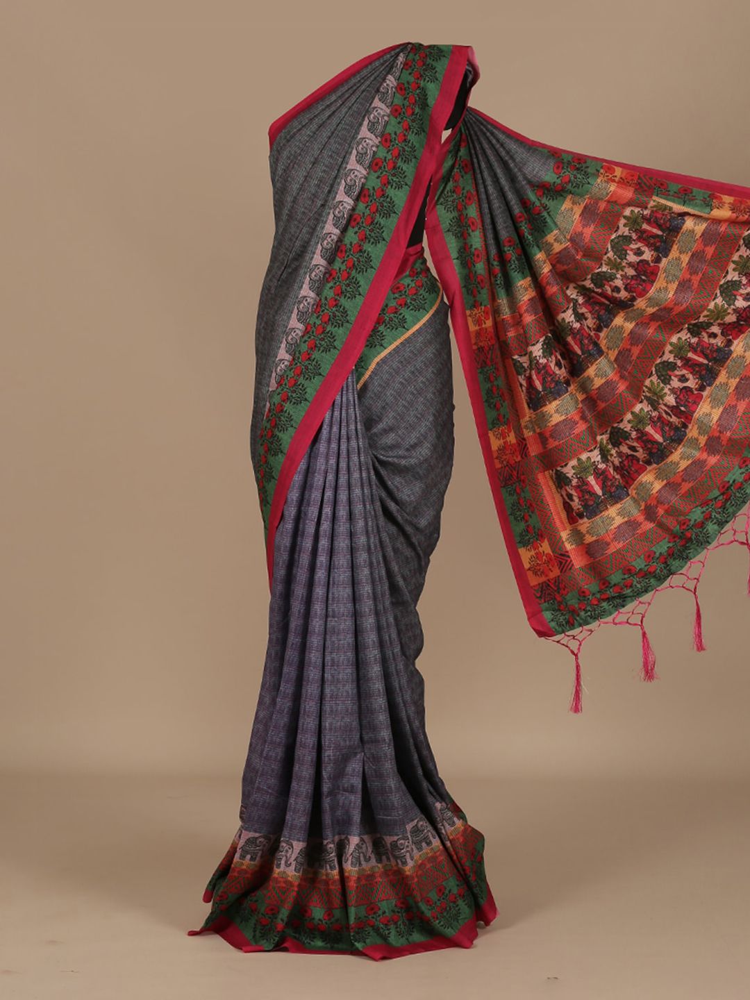 Pothys Multicoloured Printed Jute Silk Saree